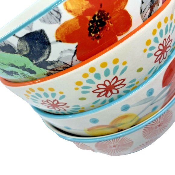 Four Pioneer Woman Cereal Soup Bowls Floral & Dots - Picture 3 of 12